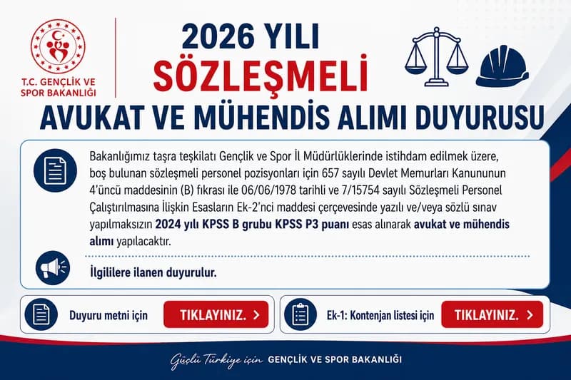 2026 YILI SÖZLEŞMELİ AVUKAT VE MÜHENDİS ALIMI DUYURUSU