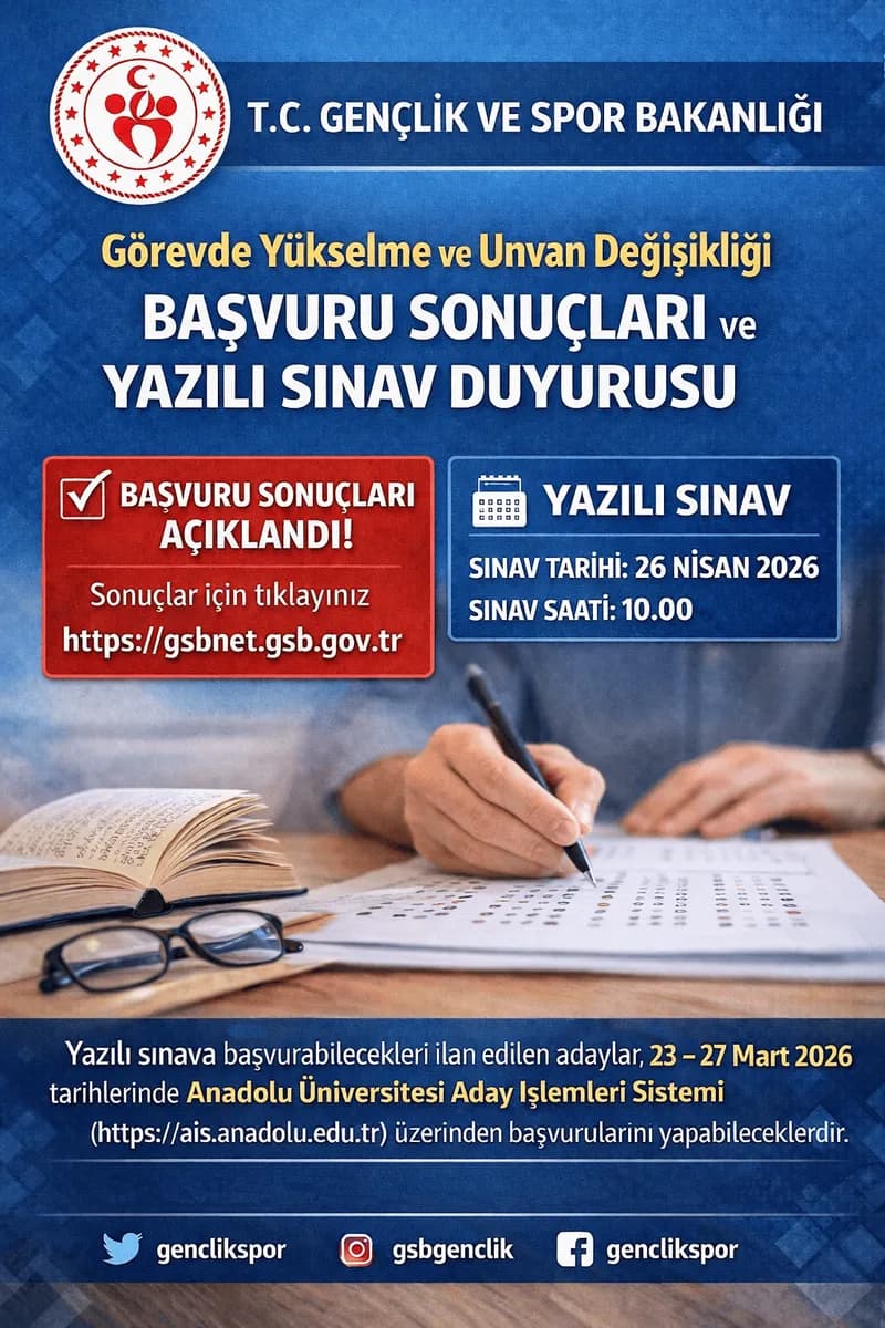GSB Görevde Yükselme ve ÜDS Başvuru Sonuçları ve Yazılı Sınav Duyurusu